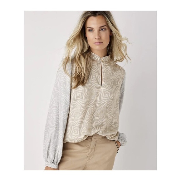 SUMMUM Kaleidoscope Luxury print top‎ with puff sleeves in alpaca Neutral Small - Picture 1 of 14